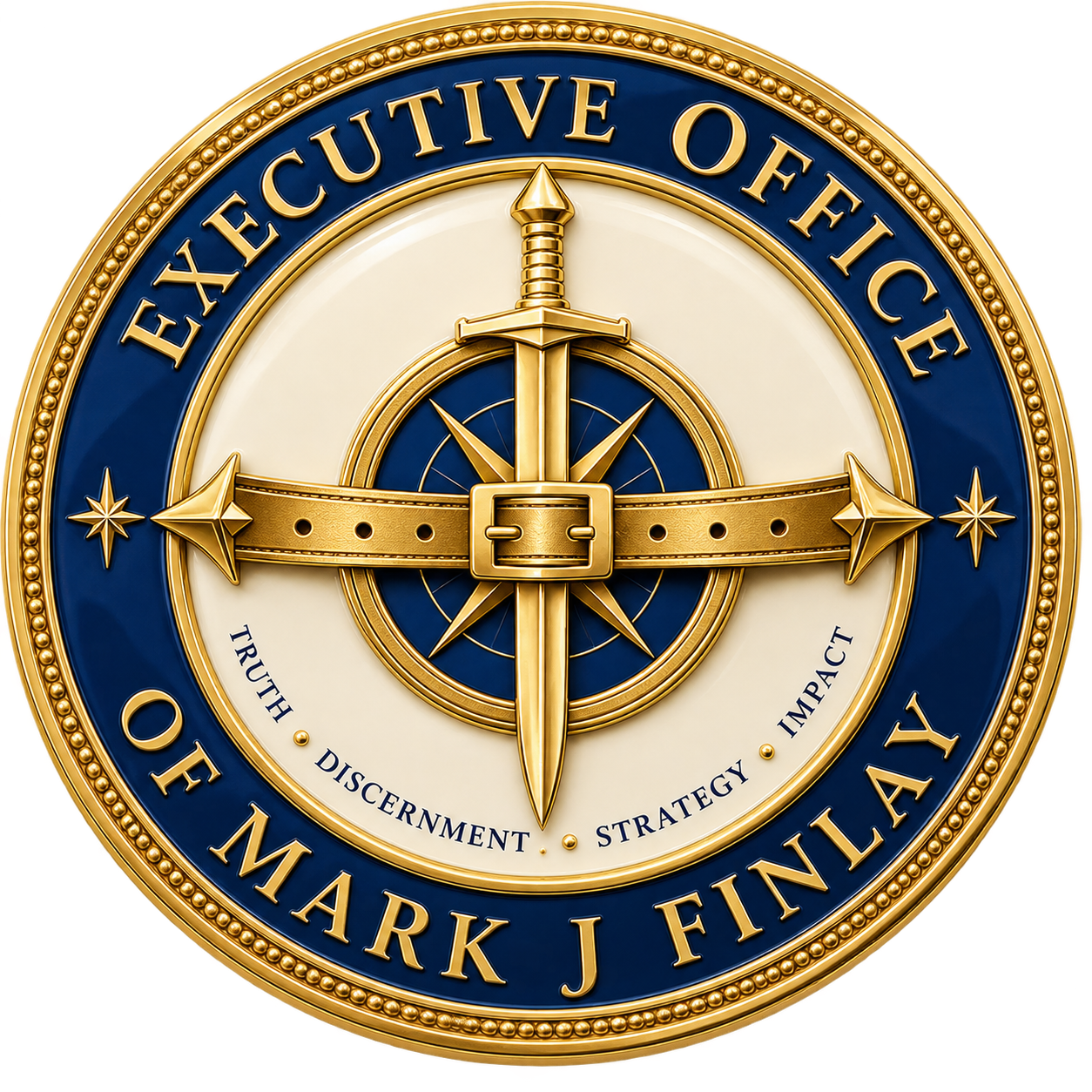 The Executive Office of Mark J Finlay medallion with a deep navy ring