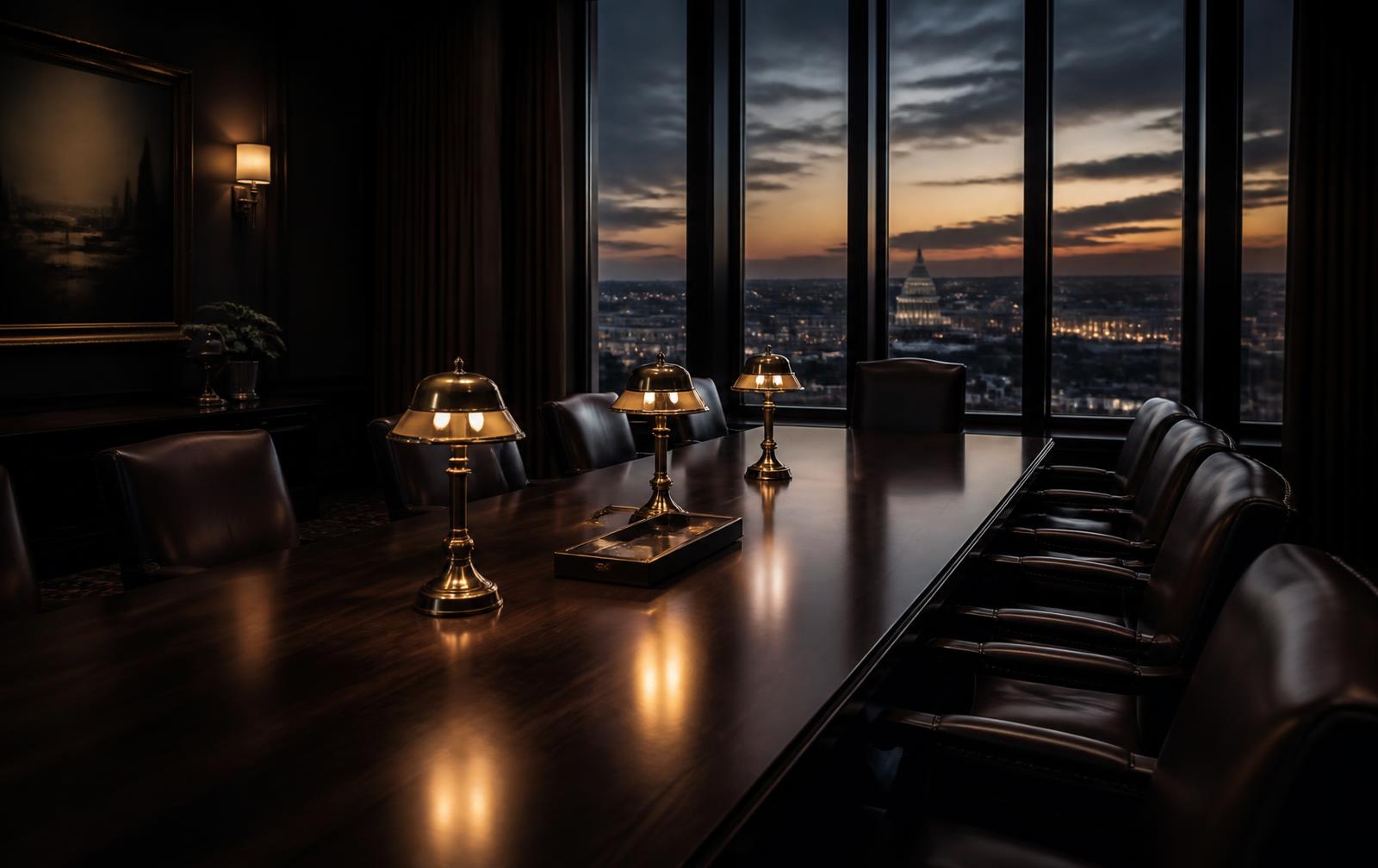 An empty boardroom at dusk overlooking a capital city